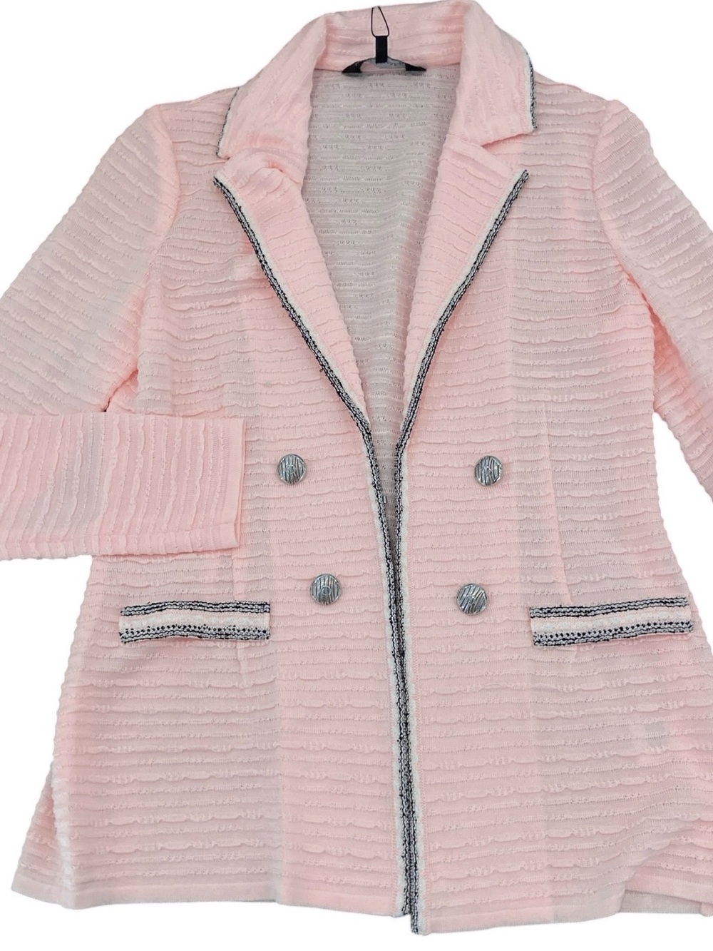 Ming Wang Light Pink Double-Breasted Textured Blazer with Contrast Trim